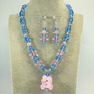 Artisan Handmade Crafted Blue Pink Glass Pendant Necklace Earring Set Elegant